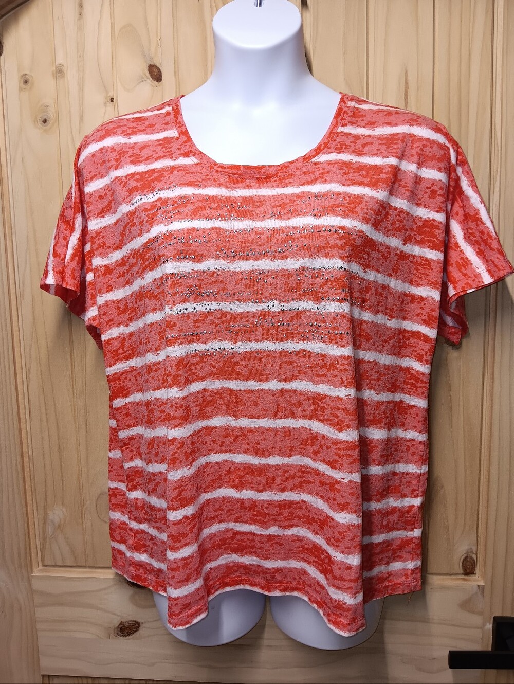 CJ Banks Coral and White Striped Short-Sleeve Top